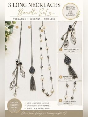3  Long Necklace Bundle | Silver Tone, Pearls, Tassel & Leaf Charms (J-0016)